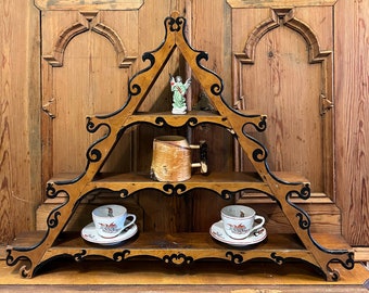 Antique wooden wall shelf,Norwegian/Scandinavian folkart, Unique design Art Nouveau style shelf from Norway