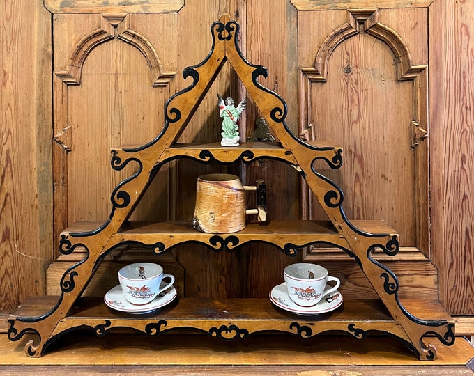 Antique wooden wall shelf,Norwegian/Scandinavian folkart, Unique design Art Nouveau style shelf from Norway