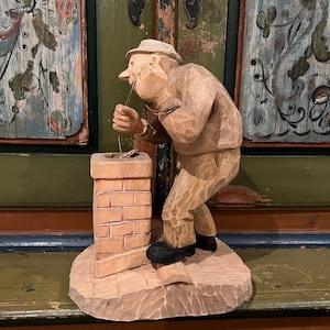 Bjarne Walle (1911-89) &quot;Old Man Cleaning Chimney On Roof&quot;, artist signed LARGE Norwegian handcrafted sculpture, Scandinavian wood carving