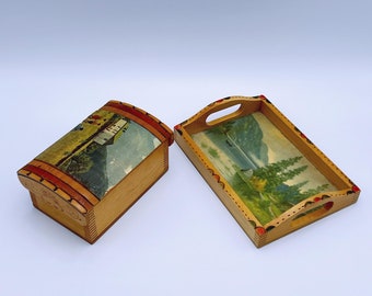 1960s Vintage Memory & Keepsake Box, JEWELRY BOX + tray with Norwegian landscape and farmhouse motif, Scandinavian/Norwegian semi-antique