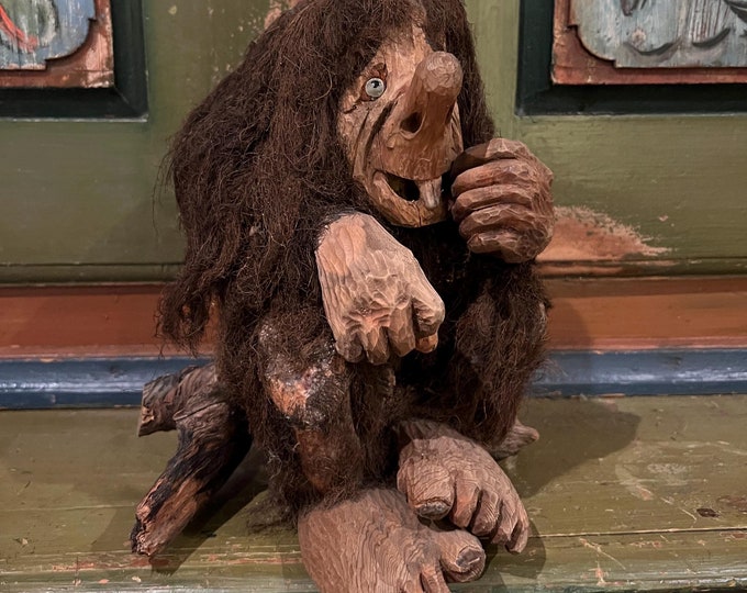 Unique TROLL Figurine from Norway, RARE Norwegian folk art sculpture, wood carving folkart, Collectible, Unique find, handcrafted