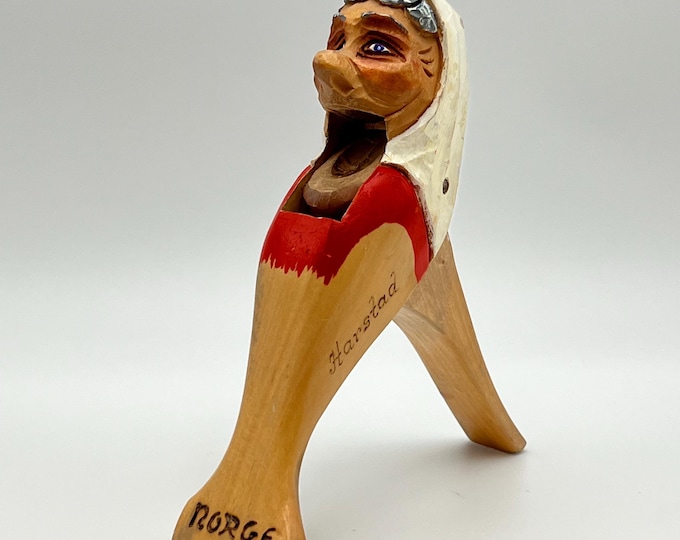 Ca. 1940s Nutcracker with OlD LADY / TROLL head, Artist signed, Vintage Handcrafted from Norway , Norwegian Folk Art