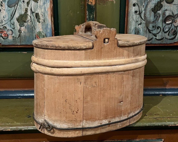 Dated 1888 Antique groat/porridge amber ambar / bucket from Norway, Museum quality Norwegian folk art, detailed handcrafted, RUSTIC