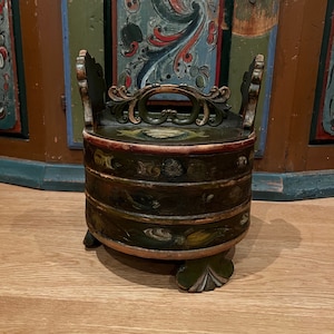 Primitive 1850 Museum piece - antique rosemaling groat / porridge amber / Tine box / butter bucket from Norway, RUSTIC folk art, handcrafted