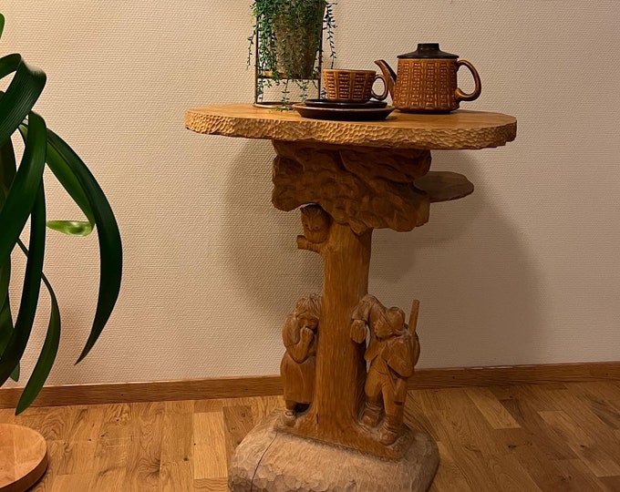 Dated 1946 Unique handcrafted Night stand / Side table / Coffee table, Norwegian wood carving, artist signed, Farmhouse / Cabin furniture