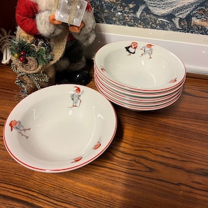 Vintage Nisse stapelbar/dessert-/soppskål norsk Porsgrund-design nissemotiv med röd kant, skandinavisk design julbordsservering