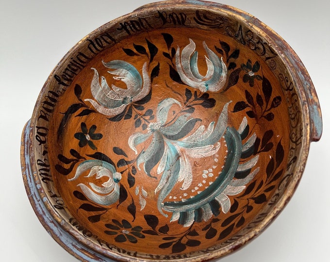 Dated 1857 Primitive antique Norwegian Rosemaling vingebowl/Ale/beer bowl from Hallingdal, Museum quality, handcrafted, Collectible