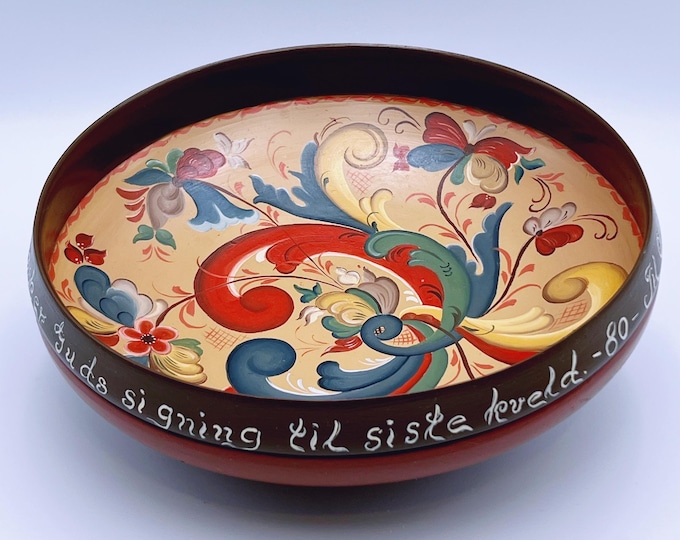 Dated 1980 Unique Telemark rosemaling ale / beer bowl, Fantastic professionally painted, Norwegian folk art, country farmhouse cabin