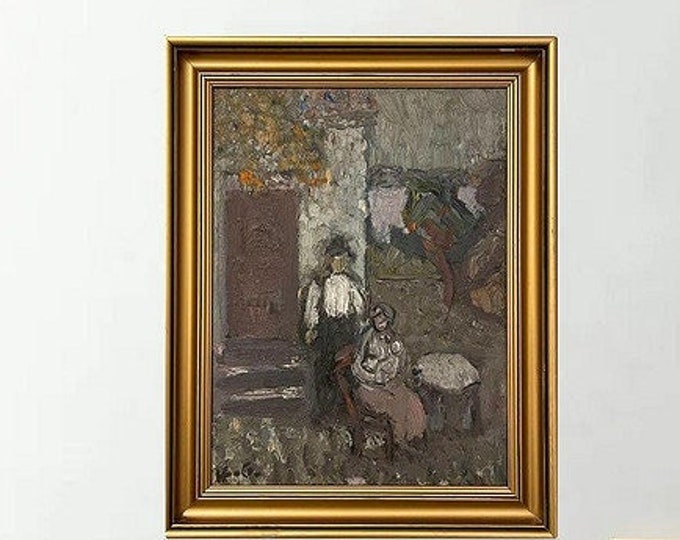 Norwegian Oil painting "Family Portrait in The Yard" by famous Hans Finne-Grønn(1903-2001), Norwegian/Scandinavian modern art