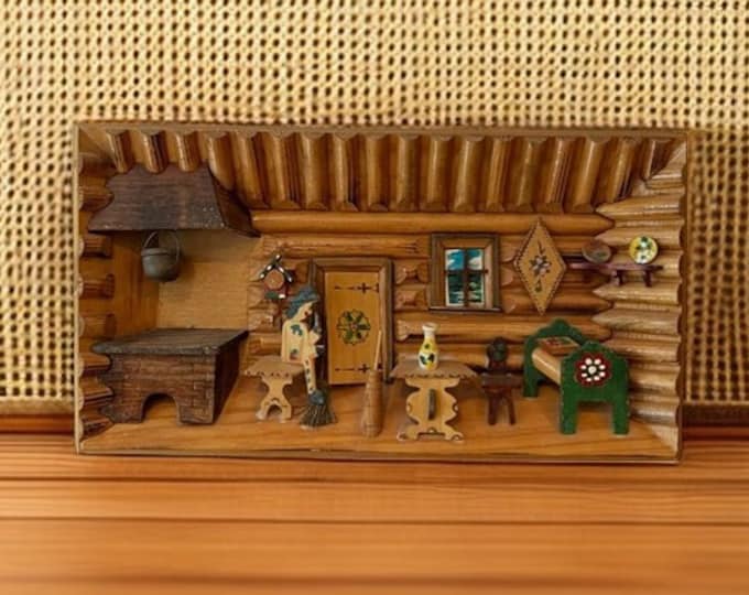 Norwegian 3D Relief farmhouse / cabin living room / kitchen model wooden sculpture wall hanging, Norwegian/ Scandinavian folk art