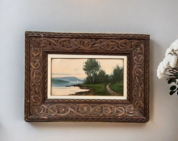 1800s Dragon style wooden frame, Oil painting "Fjord landscape with Sailing Boat", Naive style Norwegian National Romance Art