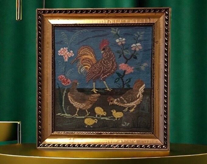 1880-1920s Needlework "Rooster and Hens / Family" with original wooden frame, Handcrafted from Norway, folk art RUSTIC cabin farmhouse style