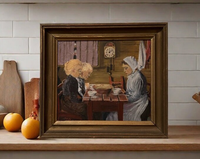 ca. 1910/20s Norwegian Oil painting "Prayers Before the Meal", Scandinavian classic art, oil on plate, artist signed