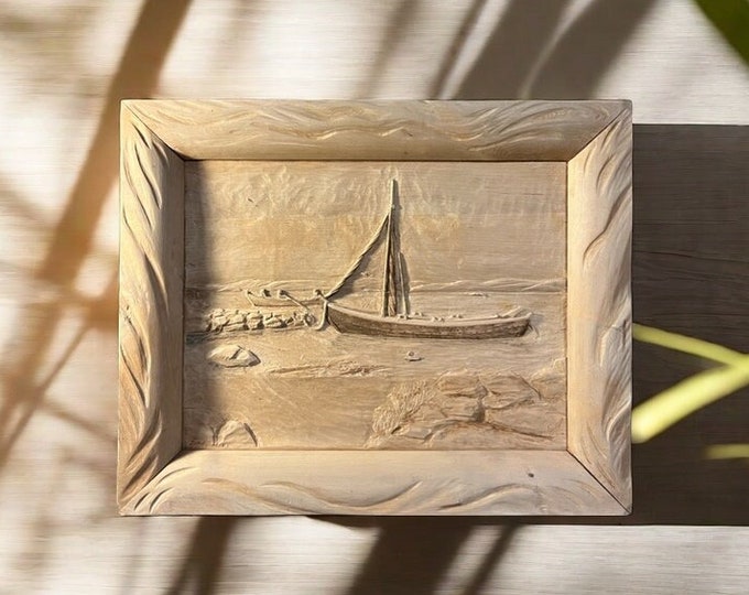 1945 Relief wood carving painting / sculpture  "Fjordparti" by Schumer Hansen, artist signed, Vintage Norwegian/ Scandinavian art