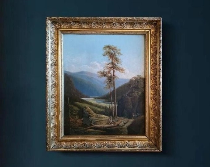 1840/50 August Cappelen( 1827-52) Norwegian Oil painting “Man Crossing Bridge In The Forest”, Scandinavian National Romance Classic Art