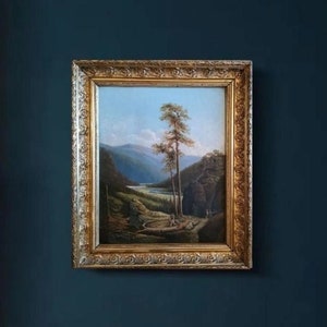 1840/50 August Cappelen (1827-52) Pintura al óleo noruega “Hombre cruzando el puente en el bosque”, Arte clásico del romance nacional escandinavo
