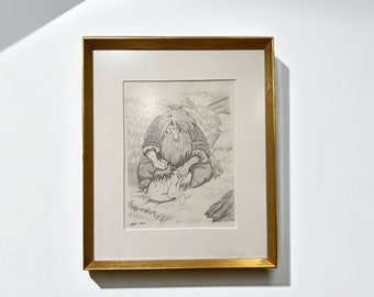 1987 Pencil Drawing "TROLL washing his child", Professionally Framed, signed, after THEODOR KITTELSEN (1857-1914), Collectible,Free Shipping