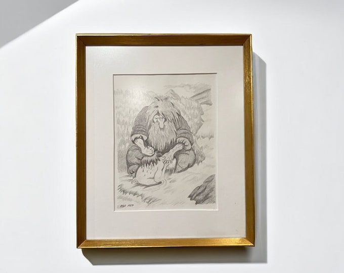 1987 Pencil Drawing "TROLL washing his child", Professionally Framed, signed, after THEODOR KITTELSEN (1857-1914), Collectible,Free Shipping
