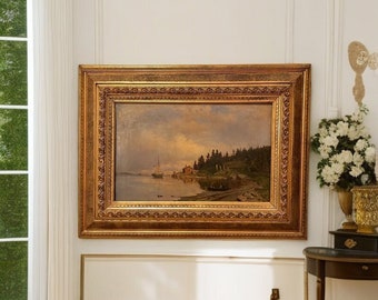 1800s Peder C. Thurmann (1839-1919) Famous Norwegian Oil painting "Coastal landscape with folk life", National Romance art, Museum Quality