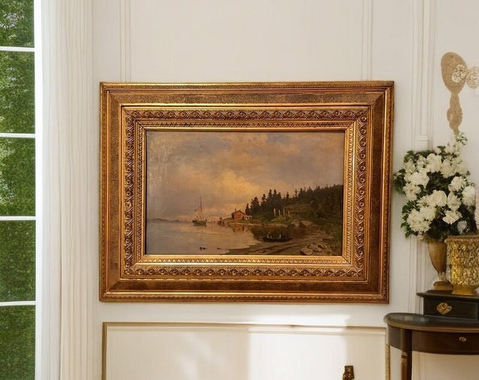 1800s Peder C. Thurmann (1839-1919) Famous Norwegian Oil painting "Coastal landscape with folk life", National Romance art, Museum Quality