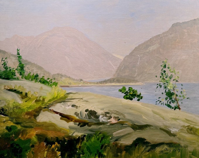 Dated 1917 HANS DAHL(1849-1937) Norwegian Oil painting "Fjord landscape", Norwegian/Scandinavian national romance art