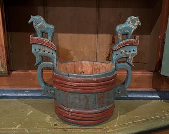 18/1900s Museum Quality-Handcrafted Norwegian Staup bowl, Scandinavian folk art, RUSTIC Farmhouse style, Collectible, horse handle