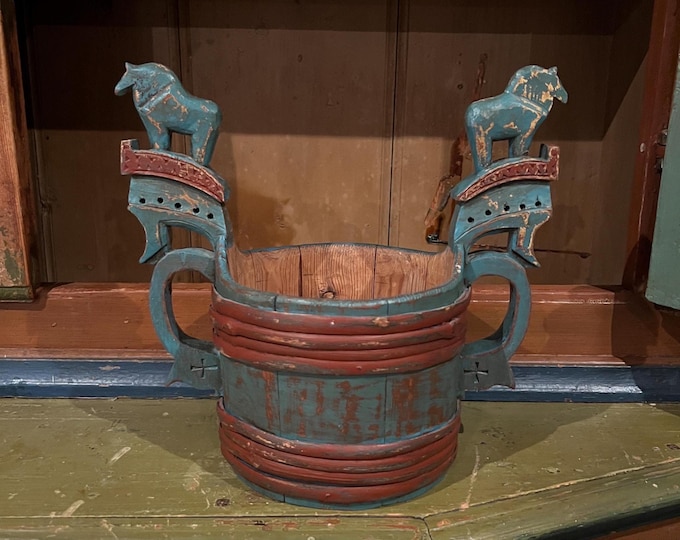 18/1900s Museum Quality-Handcrafted Norwegian Staup bowl, Scandinavian folk art, RUSTIC Farmhouse style, Collectible, horse handle