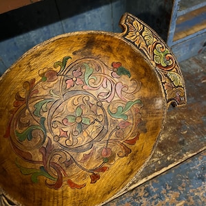Telemark Rosemaling & wood carving wooden tray /vingebowl, traditional Scandinavian folk art from Norway, patina, RUSTIC