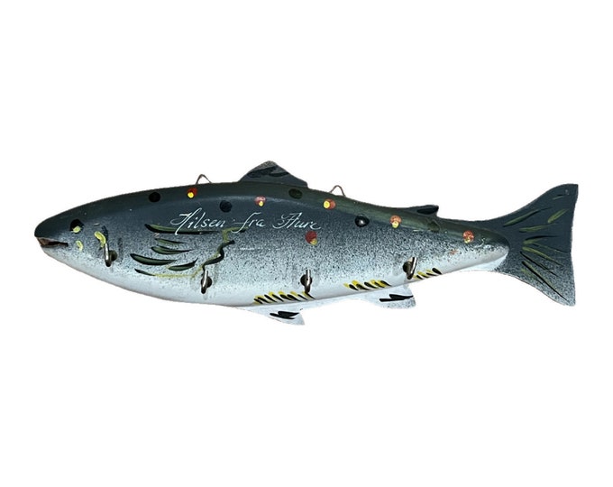 Vintage Norwegian  Key Holder / Wall Hanger, handcrafted wooden Trout "Hilsen fra Aure" with handpainted decor, Norsk heritage home decor