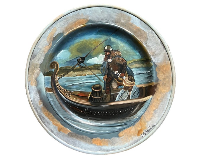 Dia. 44cm LARGE Norwegian hand painted viking motif wall hanging/ plate, signed and dated by artist