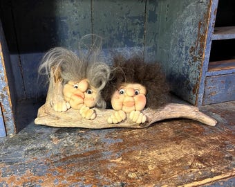 Unique Norwegian handmade / handcrafted TROLL wall hanging, wool and driftwood base, Scandinavian folk art from Norway.