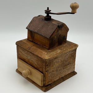 1800s RUSTIC antique coffee grinder from Norway,  Pine & Iron, RARE house/cabin form, Norwegian/Scandinavian folk art, Country Style