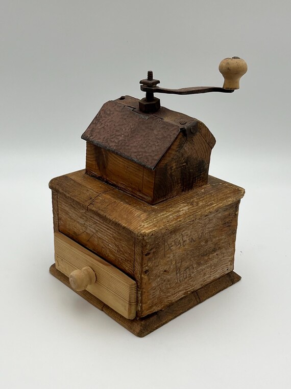 1800s RUSTIC Antique Coffee Grinder From Norway, Pine & Iron, RARE