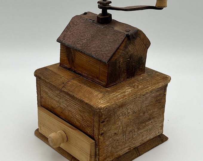 1800s RUSTIC antique coffee grinder from Norway,  Pine & Iron, RARE house/cabin form, Norwegian/Scandinavian folk art, Country Style