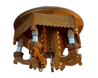Dated 1979 Unique Norwegian Handcrafted Pine Lamp, Ceiling Pendant Light / Hanging Lamp, Country style/Farmhouse/Cabin Chandelier