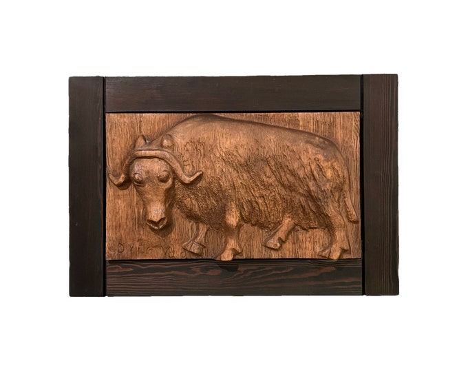 Norwegian Relief wooden sculpture  "muskox" by Dyre Vaa (1903–1980) and framed by Petter Omtvedt(1934-2021) , Norwegian/ Scandinavian art