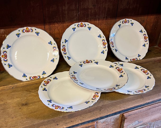6pc PP-FARMERS ROSE 1987 dinner Plate with Gold rim,Vintage Norwegian design farmhouse style table serving, collectible, good condition
