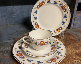 12SOLD - LARGE tea/breakfast/bruch TRIO, Farmers Rose, Norwegian Porsgrund Porcelain coffee/ tea, Rare Large version, Nordic Pattern