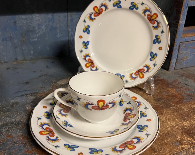 12SOLD - LARGE tea/breakfast/bruch TRIO, Farmers Rose, Norwegian Porsgrund Porcelain coffee/ tea, Rare Large version, Nordic Pattern
