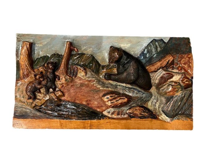 ca.1950s Vintage Norwegian wood carving artist signed wall hanging, Norway folkart, rustic counrty farmhouse interior.