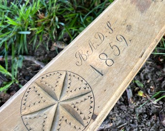 Dated 1859 Norwegian Primitive mangle board with nice carving, Antique Rustic Folk Art, Scandinavian Wall Hanging, Patina