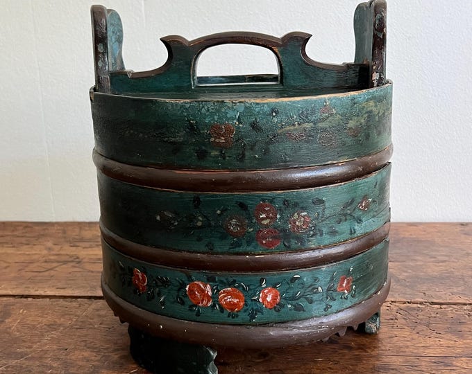 1850-1870s Norwegian Hand-Painted Bentwood Tine Box / Butter Bucket  - Rose Painting