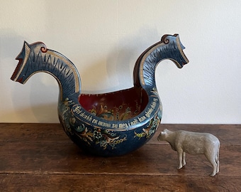 L.77.5cm Largest Norwegian Rosemaling Ale Bowl / Kjenge, Hand-painted Folk Art