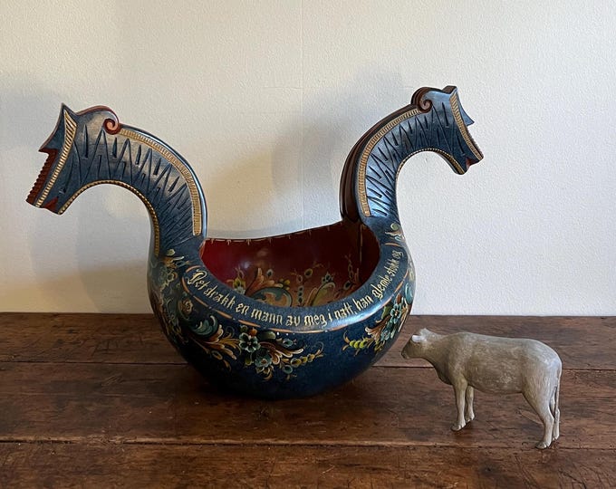 L.77.5cm Largest Norwegian Rosemaling Ale Bowl / Kjenge, Hand-painted Folk Art