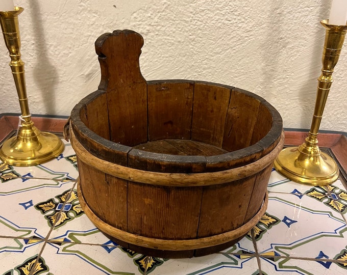 Dated 1859 antique Norwegian handmade wooden bowl/bucket/milk jug from Telemark, Norway, traditional folkart, farmhouse rustic style