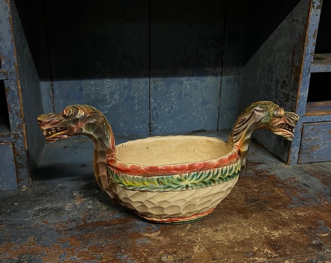 1940/50s Vintage Norwegian kjenge / snacks / candy bowl, table decor, vintage folkart country farmhouse decor, Norwegian Dragon style Viking