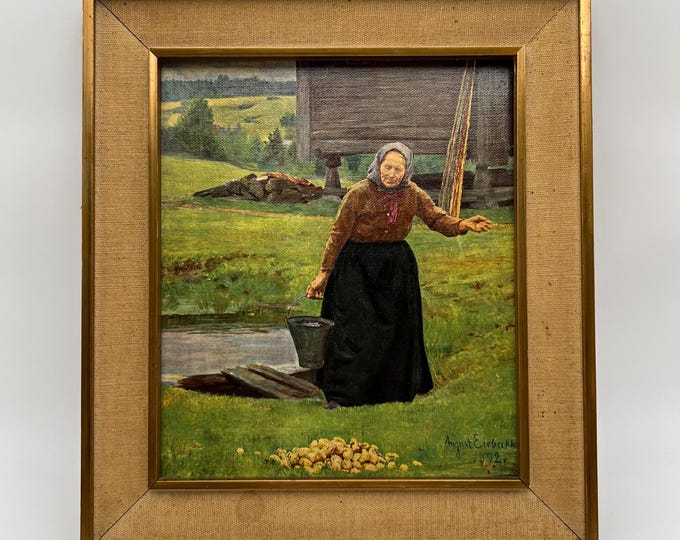 August Eiebakke (1867-1938) "Potato Washing" 1892, High quality classic art oil reproduction from Norway