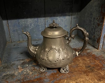 1800s Antique Coffee / Tea pot, rococo / victorian style metal / tin Kettle, Rustic Country style Farmhouse Kitchen Decor