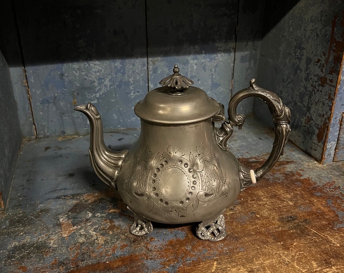 1800s Antique Coffee / Tea pot, rococo / victorian style metal / tin Kettle, Rustic Country style Farmhouse Kitchen Decor