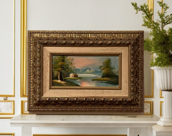 Stunning Oil Painting "Forest Stream and Cottage", 20th century oil on plate, luxury high quality wooden frame. Artist signed, centerpiece